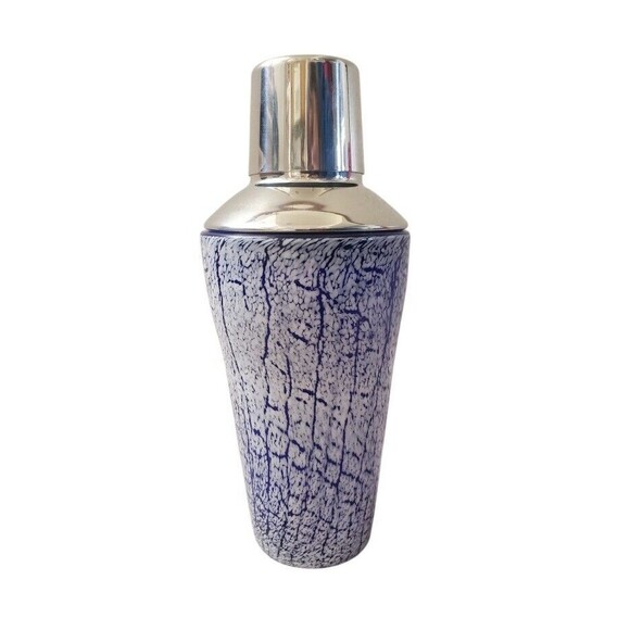 Mid Century Modern Cocktail Shaker Cobalt Blue Frosted Glass Stainless Steel - Picture 1 of 5